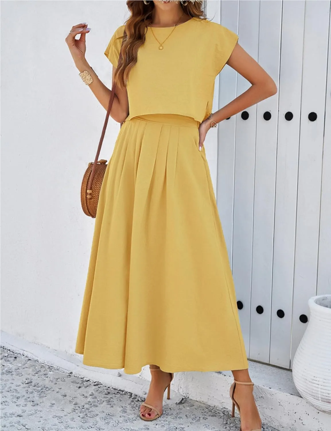 HangNiFang 2025 Summer Skirt Sets Women 2 Piece Outfits Cap Sleeve Top Elastic Waist Maxi Dress Sets with Pockets