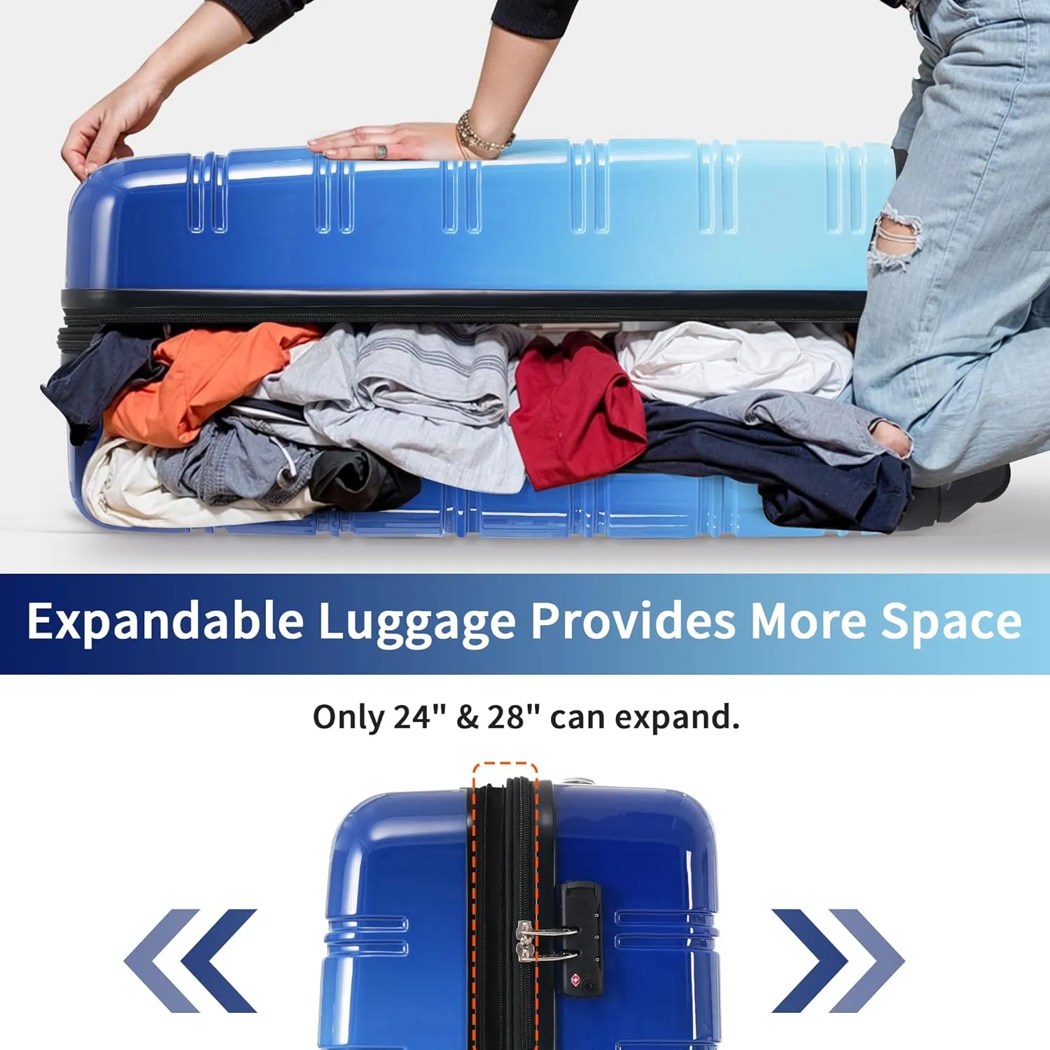 Hardshell 3-Piece Gradient Luggage Set Expandable Luggage Set with 360 Spinner Wheels & TSA Lock - Lightweight Suitcases in 20"/24"/28" Sizes (Light Blue)