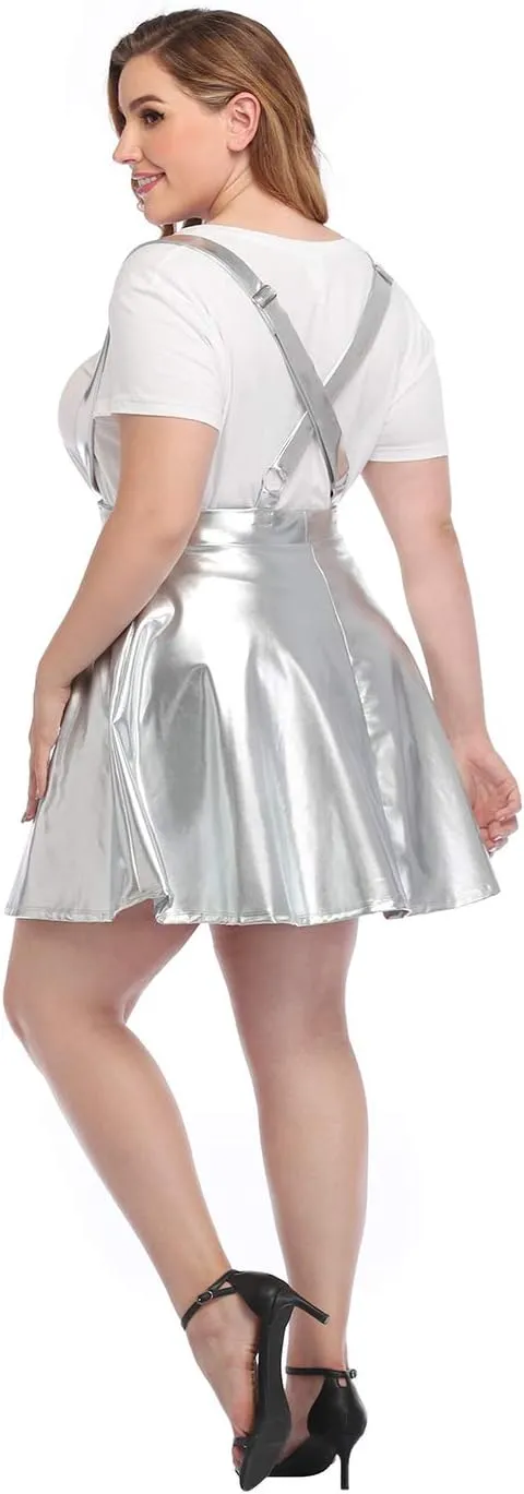 HDE Plus Size Shiny Metallic Suspender Skirt High Waisted Holographic Rave Skirt