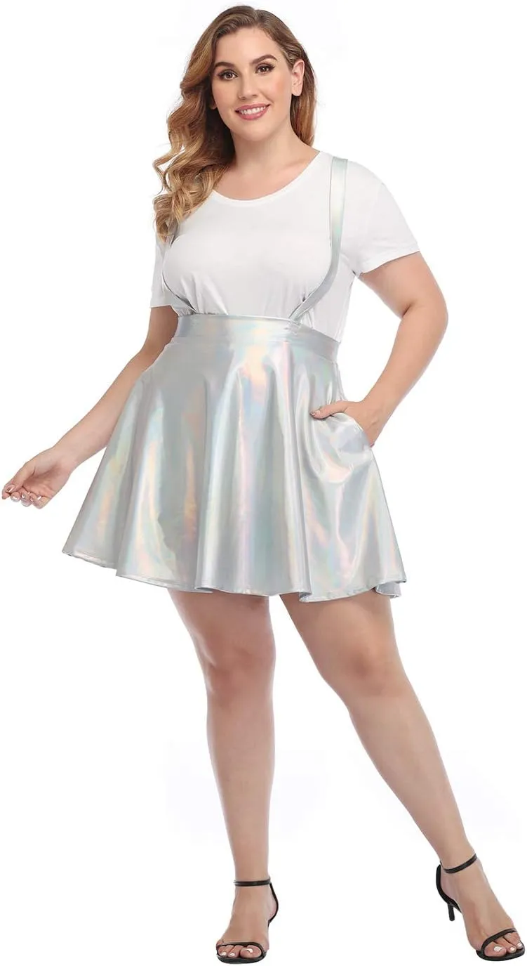 HDE Plus Size Shiny Metallic Suspender Skirt High Waisted Holographic Rave Skirt