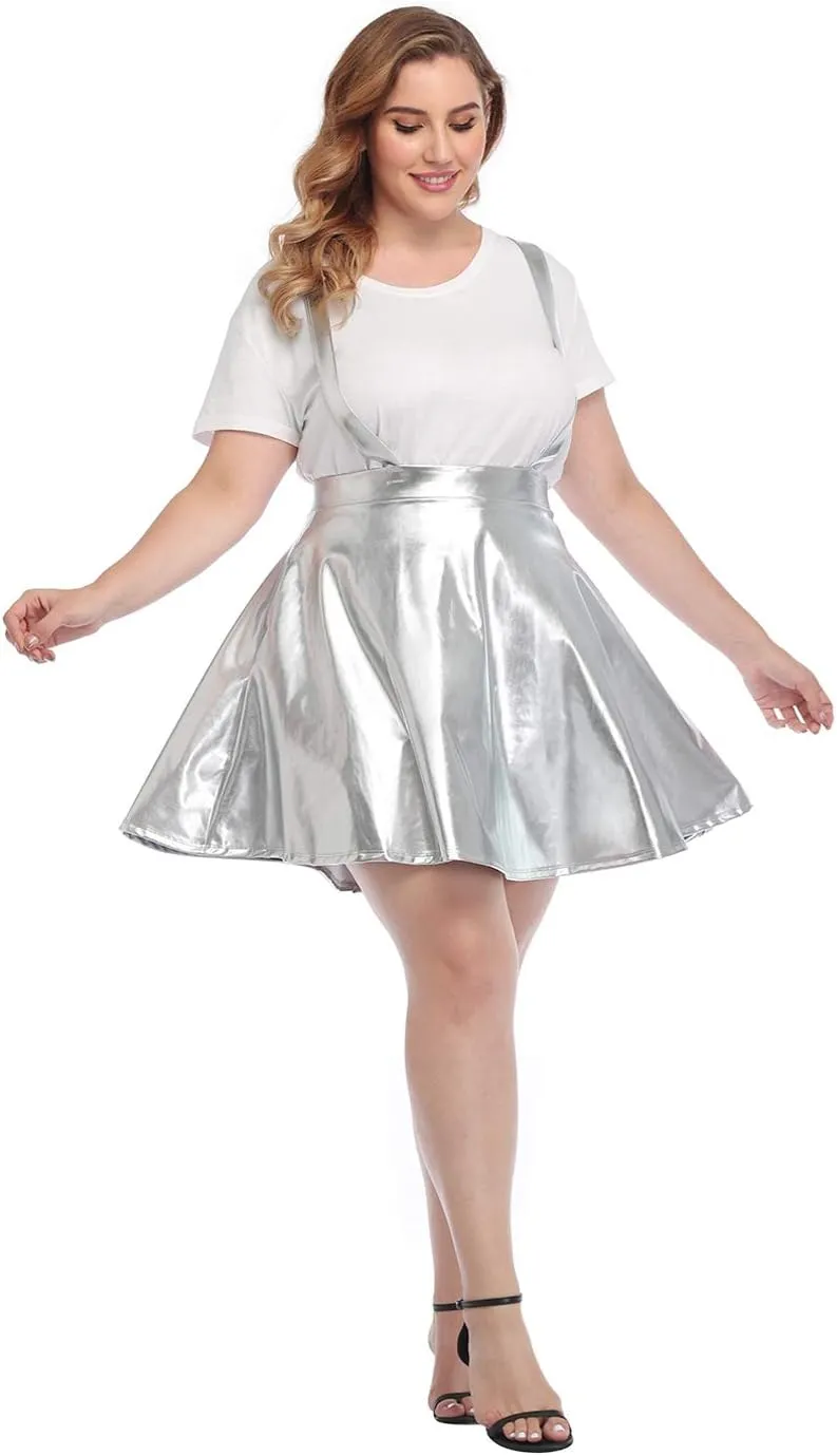 HDE Plus Size Shiny Metallic Suspender Skirt High Waisted Holographic Rave Skirt