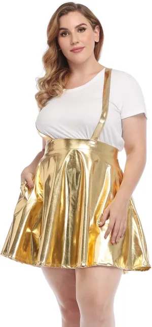 HDE Plus Size Shiny Metallic Suspender Skirt High Waisted Holographic Rave Skirt