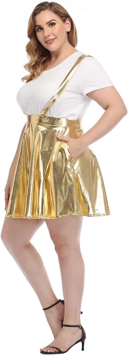 HDE Plus Size Shiny Metallic Suspender Skirt High Waisted Holographic Rave Skirt