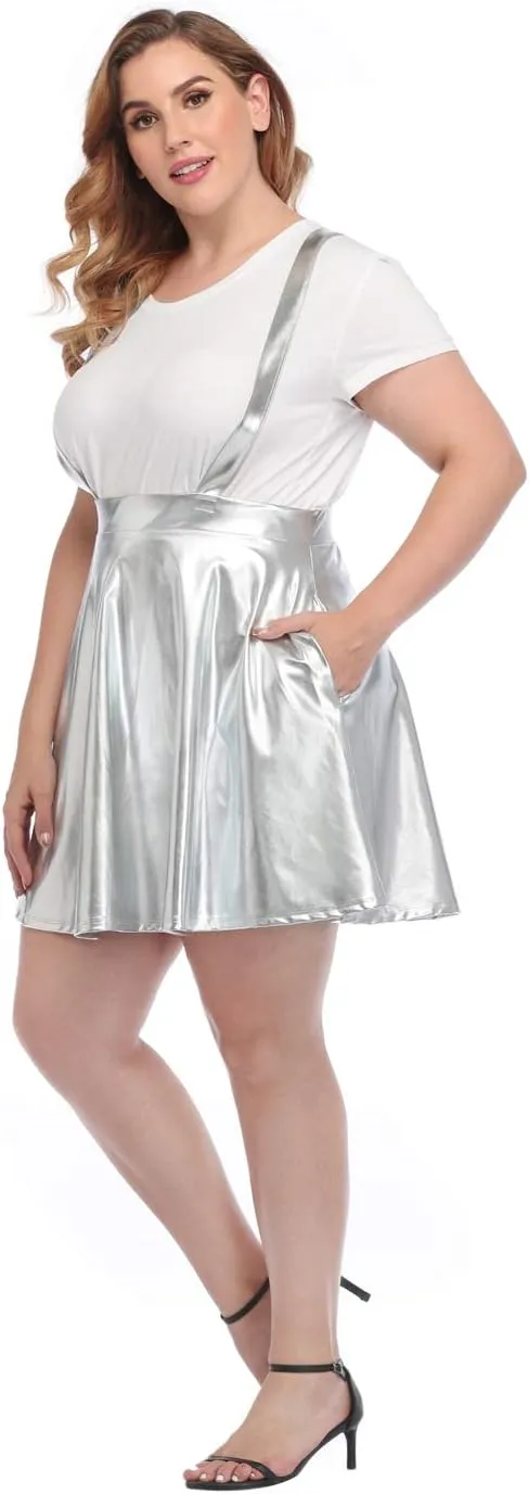 HDE Plus Size Shiny Metallic Suspender Skirt High Waisted Holographic Rave Skirt