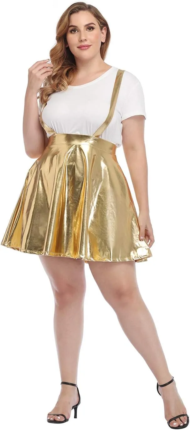 HDE Plus Size Shiny Metallic Suspender Skirt High Waisted Holographic Rave Skirt