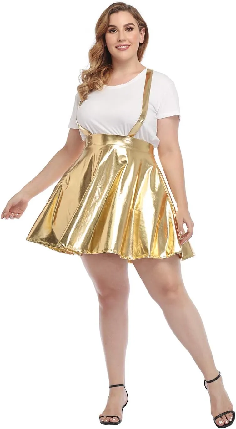 HDE Plus Size Shiny Metallic Suspender Skirt High Waisted Holographic Rave Skirt