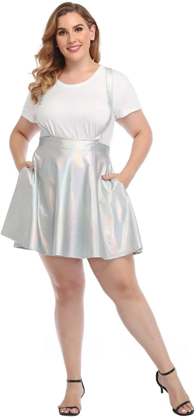 HDE Plus Size Shiny Metallic Suspender Skirt High Waisted Holographic Rave Skirt