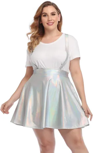 HDE Plus Size Shiny Metallic Suspender Skirt High Waisted Holographic Rave Skirt