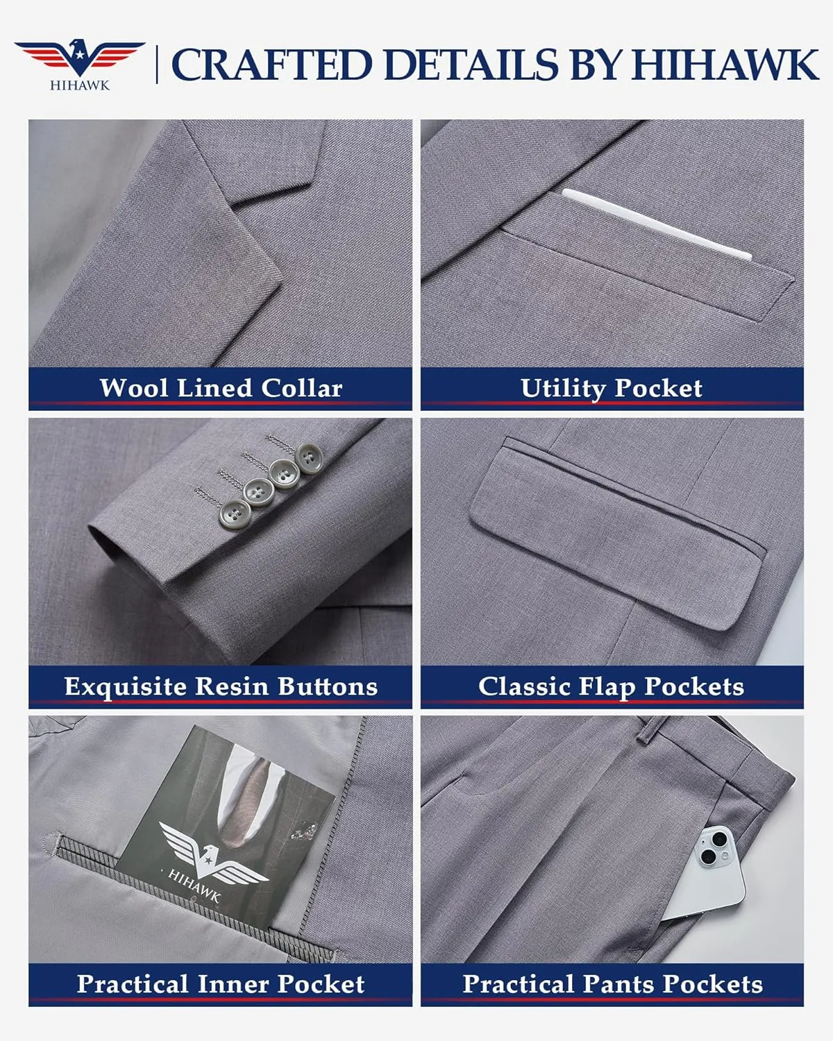 Hihawk Mens 3 Pieces Suit, Slim Fit Tuxedo with Two Buttons, Jacket Vest Pants & Tie Set for Party, Wedding and Business