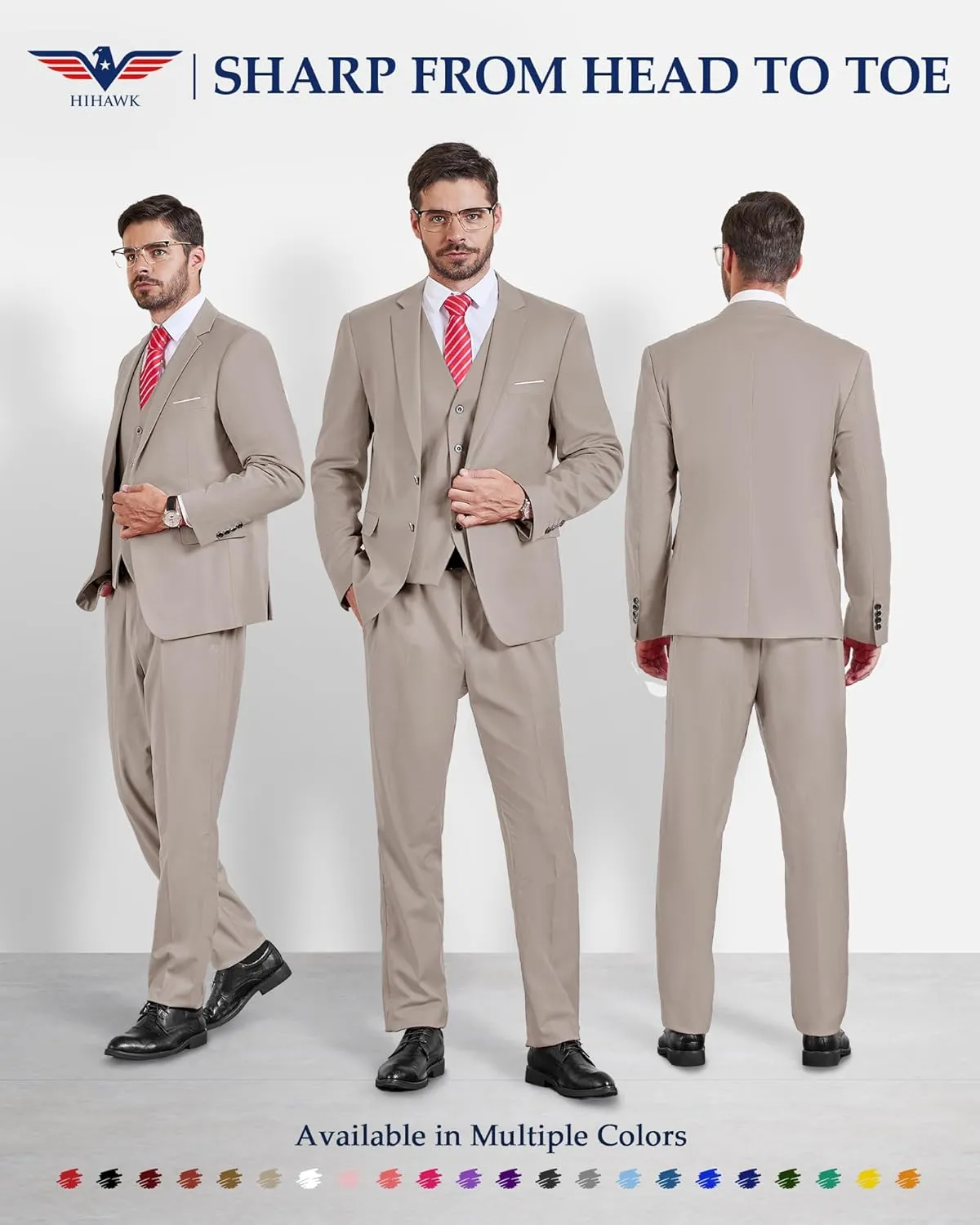 Hihawk Mens 3 Pieces Suit, Slim Fit Tuxedo with Two Buttons, Jacket Vest Pants & Tie Set for Party, Wedding and Business