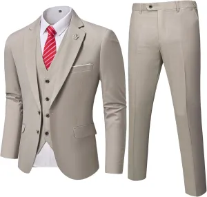 Hihawk Mens 3 Pieces Suit, Slim Fit Tuxedo with Two Buttons, Jacket Vest Pants & Tie Set for Party, Wedding and Business