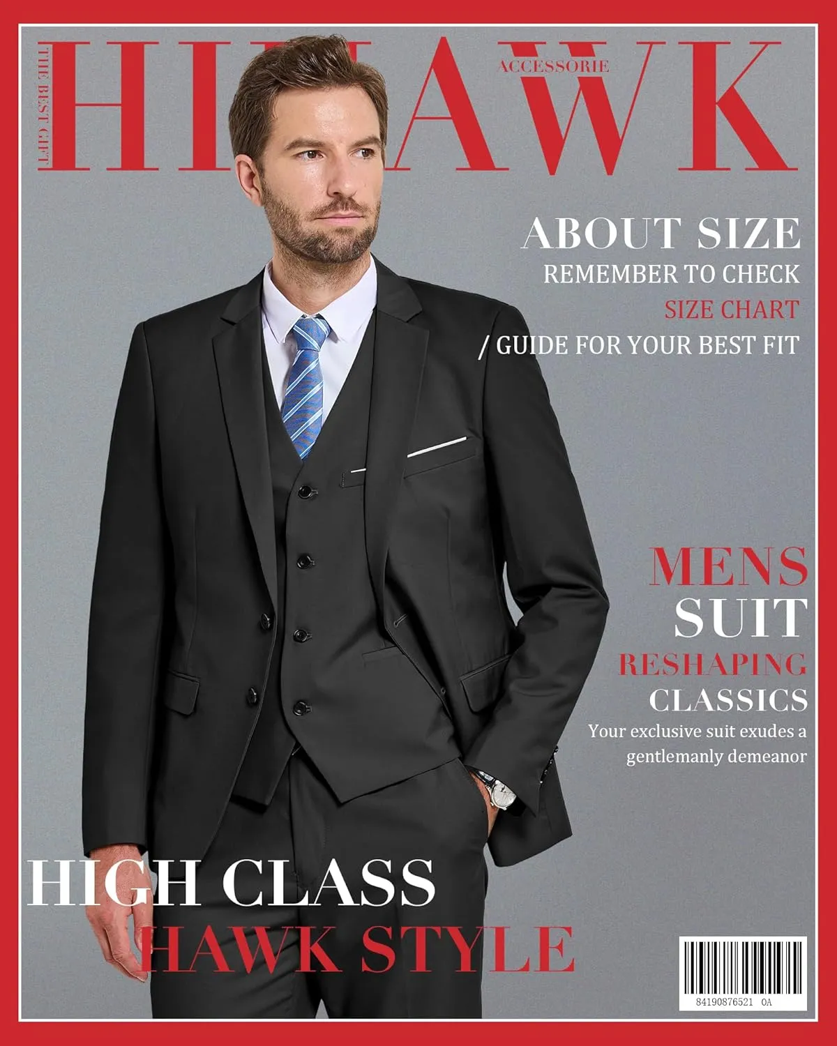 Hihawk Mens 3 Pieces Suit, Slim Fit Tuxedo with Two Buttons, Jacket Vest Pants & Tie Set for Party, Wedding and Business