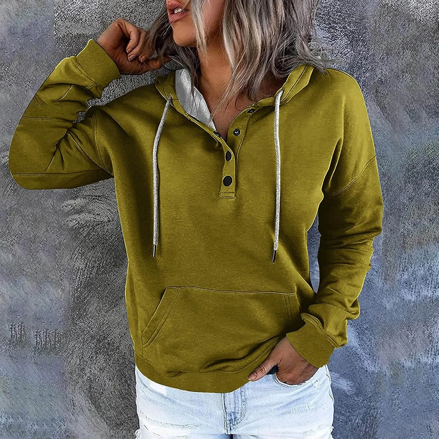 Hoodies for Women Button Down Black Hoodie Plain Loose Fit Sweatshirt Casual Fashion Holiday Pullover Top with Pockets