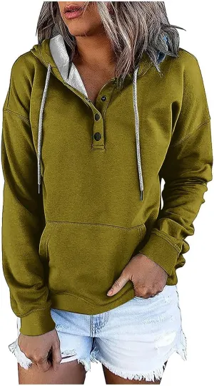 Hoodies for Women Button Down Black Hoodie Plain Loose Fit Sweatshirt Casual Fashion Holiday Pullover Top with Pockets