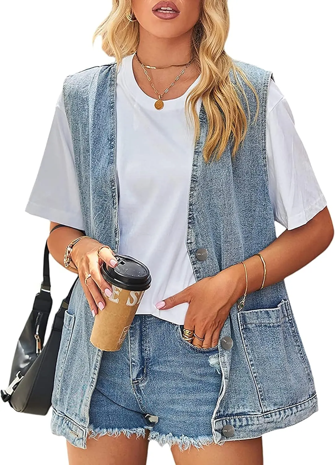 Huaqiao Womens Denim Vest Mid long Jacket Jean Sleeveless Vest with Pockets