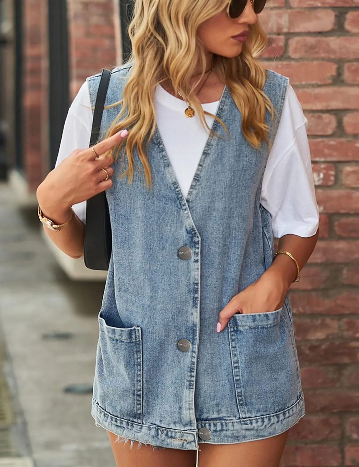 Huaqiao Womens Denim Vest Mid long Jacket Jean Sleeveless Vest with Pockets