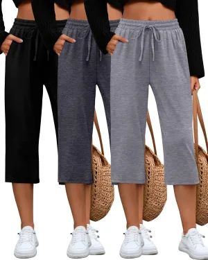 Huukeay 3 Pack Women's Capri Sweatpants, Cozy Lounge Drawstring Capris with Pockets Wide Legs Jogger Workout Yoga Pants