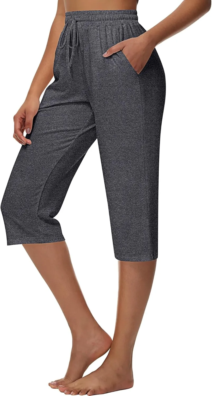 Huukeay 3 Pack Women's Capri Sweatpants, Cozy Lounge Drawstring Capris with Pockets Wide Legs Jogger Workout Yoga Pants