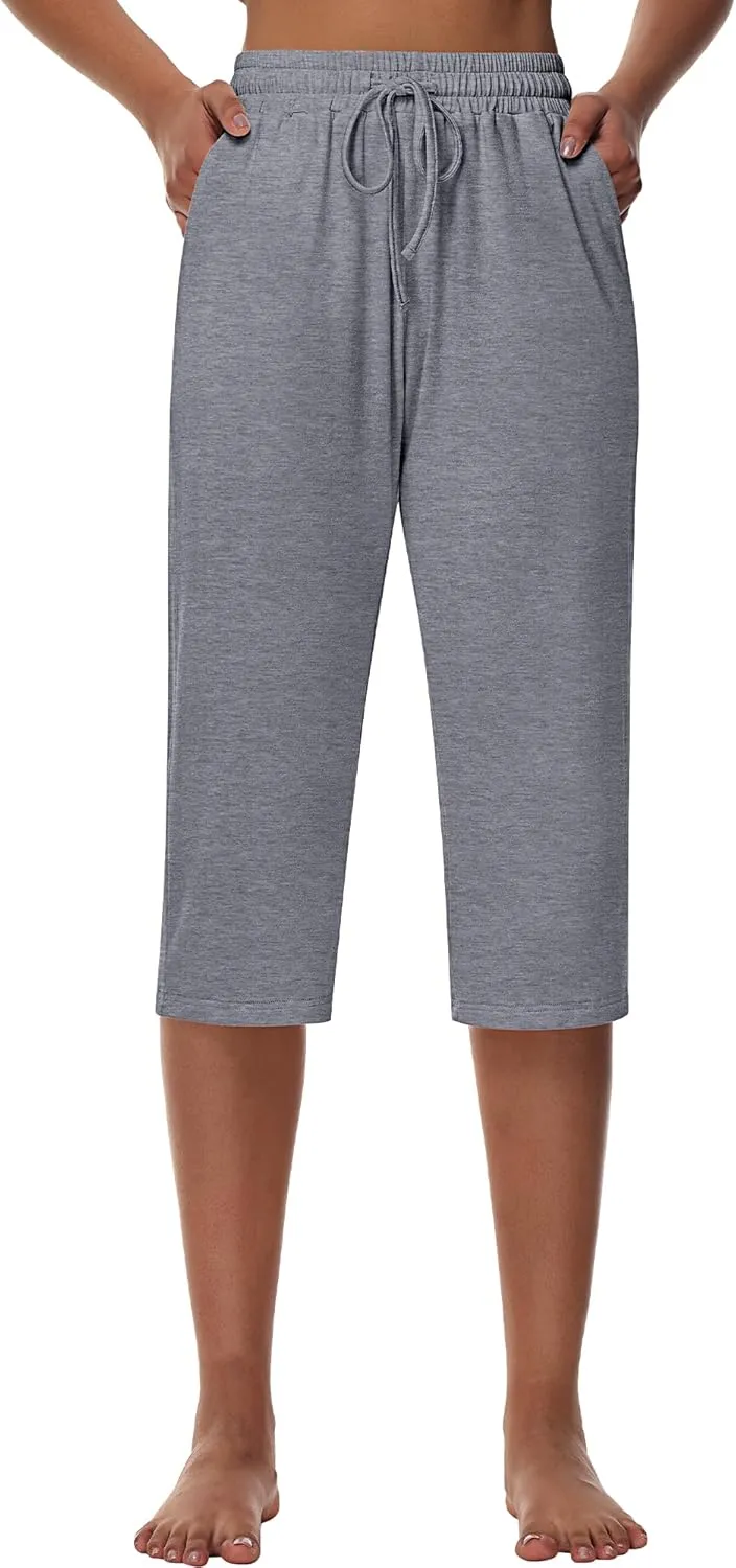 Huukeay 3 Pack Women's Capri Sweatpants, Cozy Lounge Drawstring Capris with Pockets Wide Legs Jogger Workout Yoga Pants