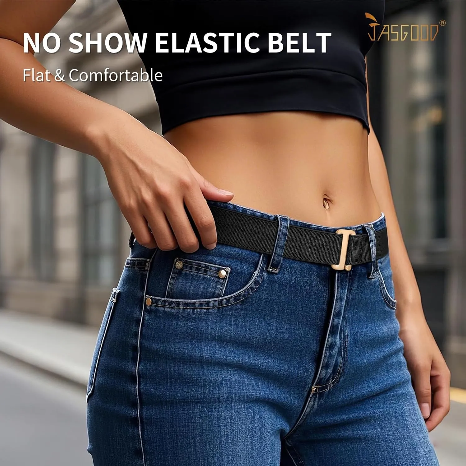 JASGOOD 2 Pack Women Stretch Belt No Show Elastic Web Strap Belt with Flat Buckle for Jeans Pants Dresses