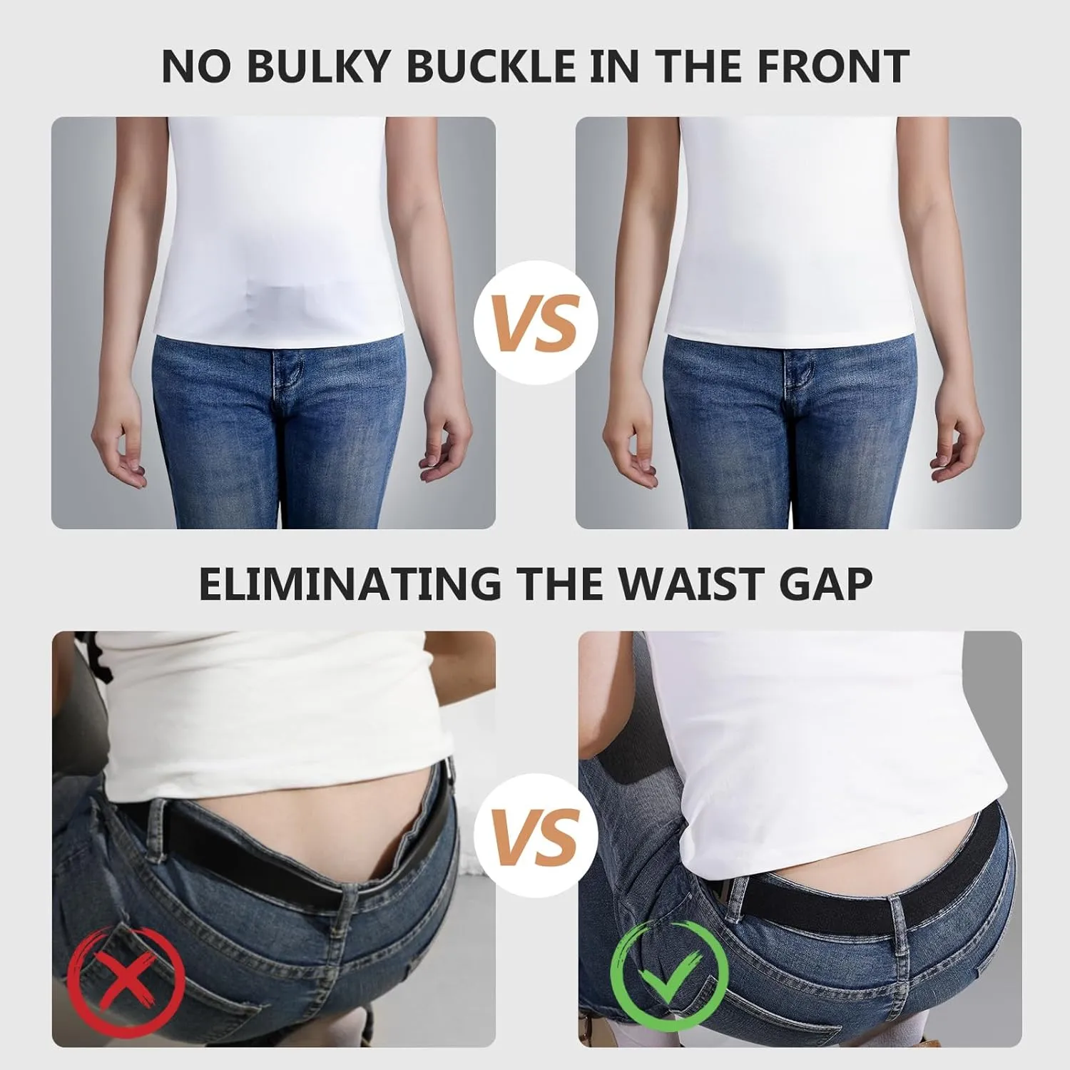 JASGOOD 2 Pack Women Stretch Belt No Show Elastic Web Strap Belt with Flat Buckle for Jeans Pants Dresses