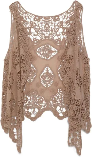 JASTIE Women Open Stitch Cardigan Boho Sleeveless Hippie Summer Hollow Out Solid Crochet Vest