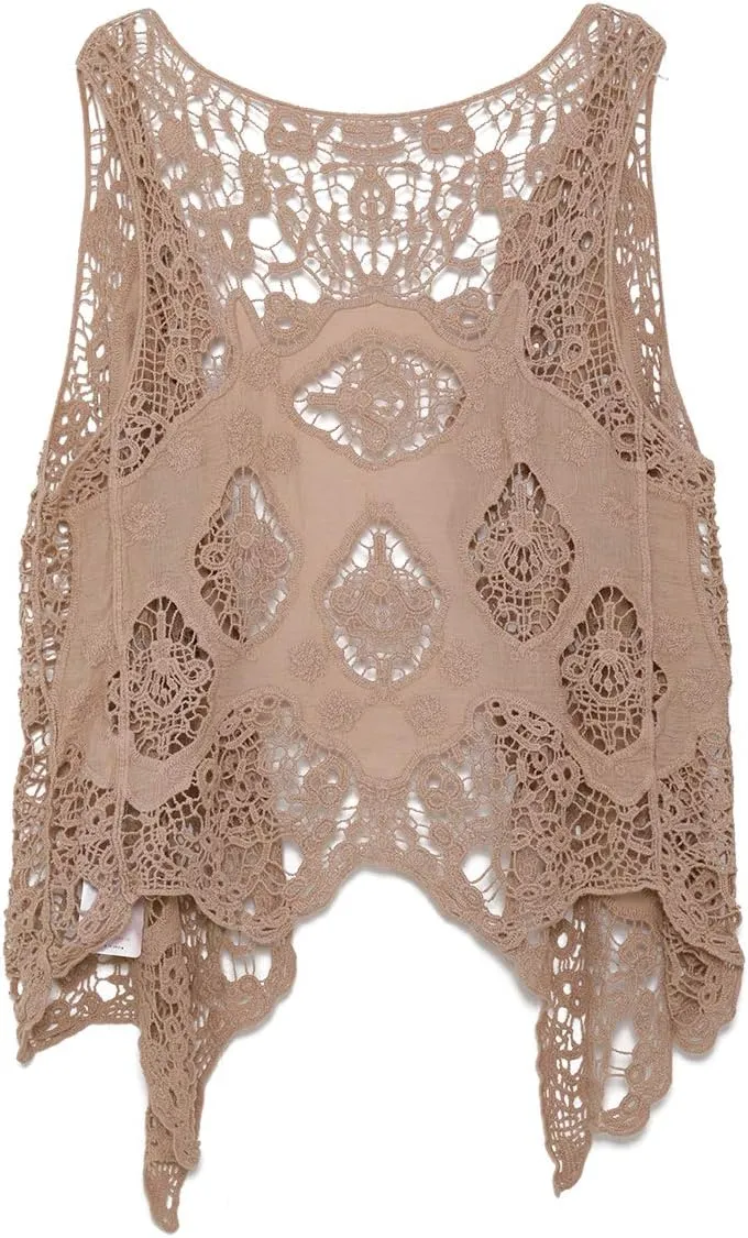 JASTIE Women Open Stitch Cardigan Boho Sleeveless Hippie Summer Hollow Out Solid Crochet Vest