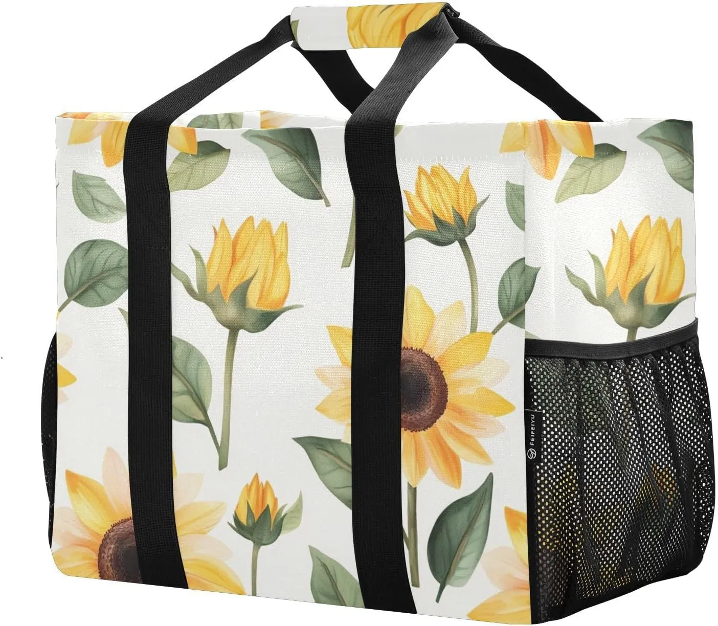 JUNZAN Beige Sunflowers Utility Tote Bags For Women Foldable Beach Bags Waterproof Reusable Shopping Bag with Handles Travel Laundry Bag