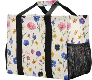 JUNZAN Beige Wild Florals Tote Utility Bag Foldable Beach Bag With Pockets Grocery Bags Reusable with Handles Tote Bag For Car