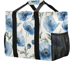 JUNZAN Blue Poppy Flowers Large Utility Tote Bag Foldable Tote Bag For Beach With Pockets Reusable Grocery Shopping Bags Canvas Carry Tote