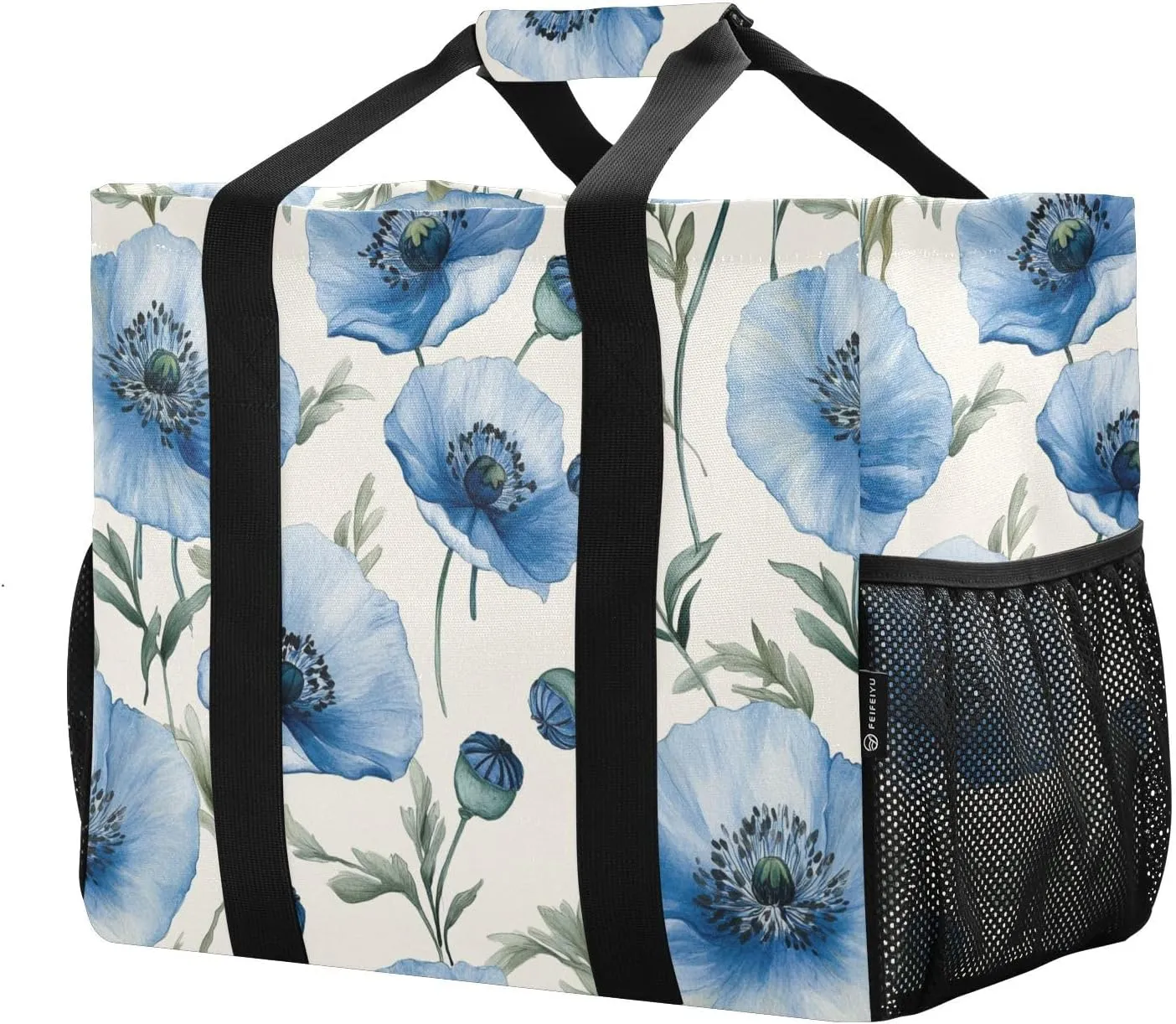 JUNZAN Blue Poppy Flowers Large Utility Tote Bag Foldable Tote Bag For Beach With Pockets Reusable Grocery Shopping Bags Canvas Carry Tote