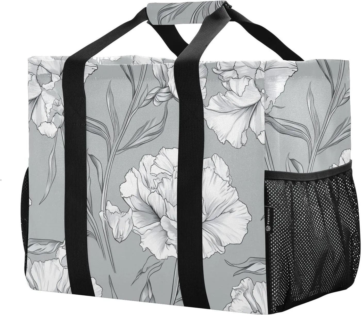 JUNZAN Carnation Flower Utility Bag Foldable Beach Bags With Compartments Reusable Grocery Shopping Bags with Handles Travel Laundry Bag