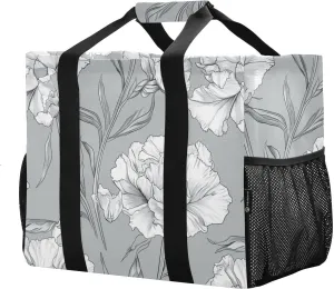 JUNZAN Carnation Flower Utility Bag Foldable Beach Bags With Compartments Reusable Grocery Shopping Bags with Handles Travel Laundry Bag