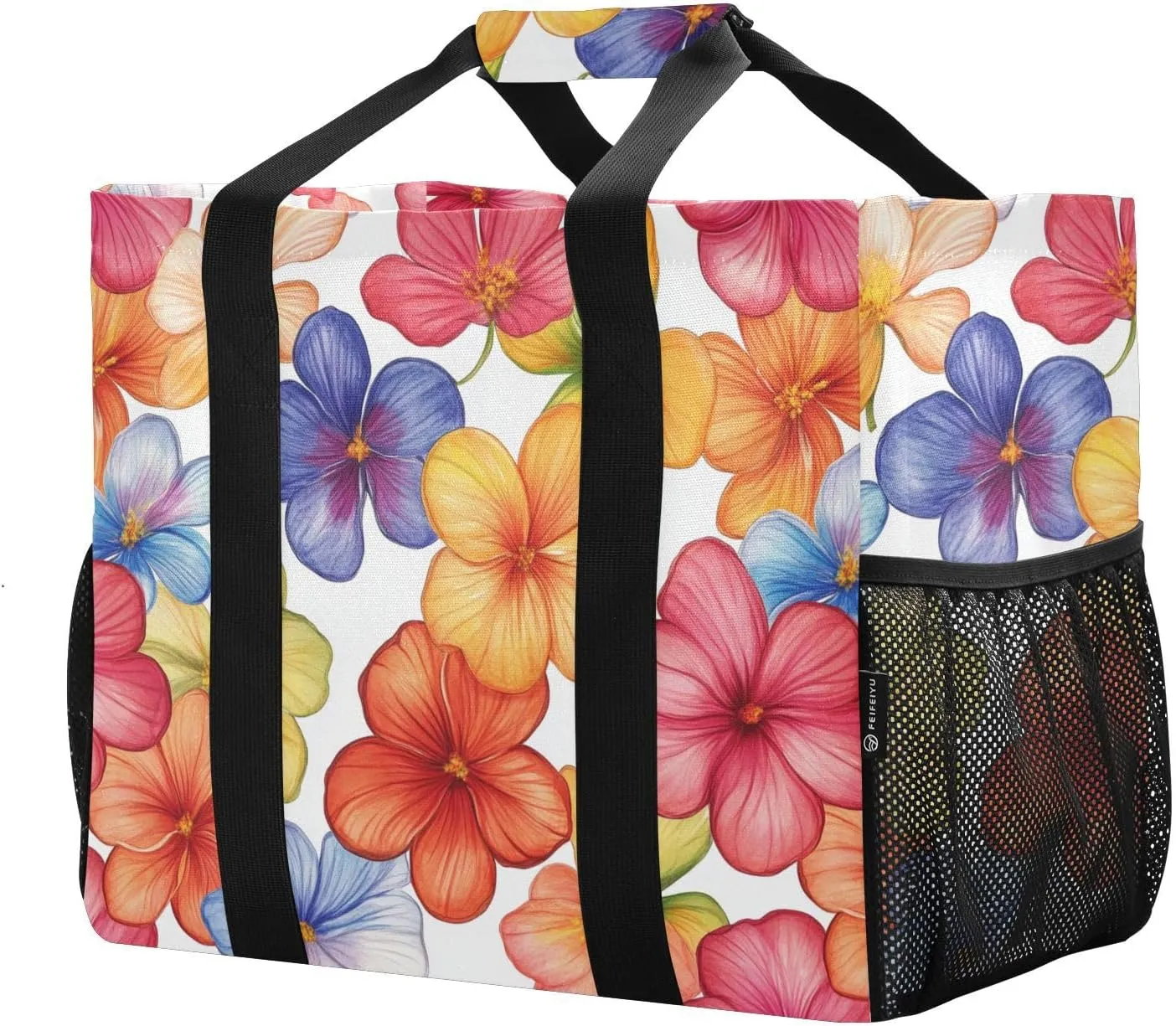JUNZAN Colored Flower Utility Tote Bag Foldable Tote Bag For Beach With Compartments Reusable Grocery Shopping Bags Canvas Travel Laundry Bag