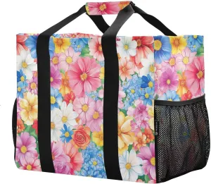 JUNZAN Colored Flowers Utility Bag Foldable Large Beach Bag With Compartments Groceries Reusable Bags Canvas Laundry Bag