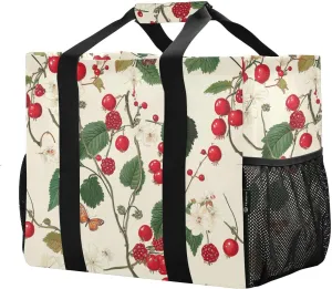 JUNZAN Cranberry Fruit Beige Utility Tote Bags Foldable Beach Bag Waterproof Reusable Shopping Bags Canvas Car Tote Bag