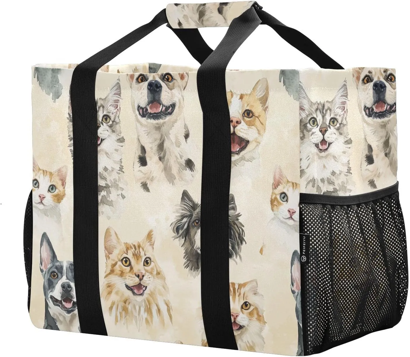 JUNZAN Cute Animals Beige Utility Bag Foldable Beach Tote Bag With Pockets Reusable Bags For Groceries with Handles Laundry Tote Bag