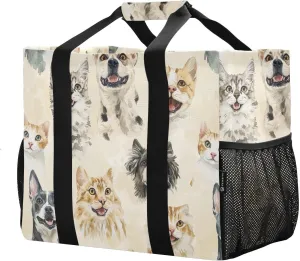 JUNZAN Cute Animals Beige Utility Bag Foldable Beach Tote Bag With Pockets Reusable Bags For Groceries with Handles Laundry Tote Bag