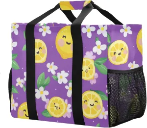 JUNZAN Cute Lemon Purple Utility Bag Foldable Beach Bag Waterproof Grocery Bags Reusable Canvas Canvas Laundry Bag