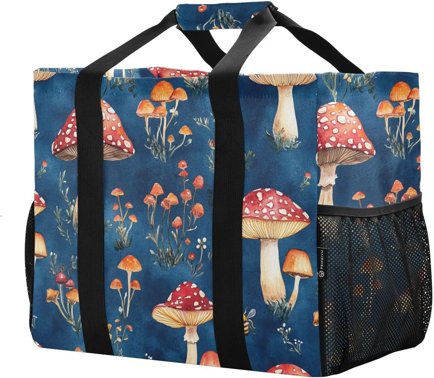 JUNZAN Cute Mushroom Large Utility Tote Bag For Women Foldable Beach Bag Tote With Compartments Reusable Grocery Bag with Handles Cars Tote Bag