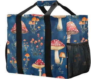 JUNZAN Cute Mushroom Large Utility Tote Bag For Women Foldable Beach Bag Tote With Compartments Reusable Grocery Bag with Handles Cars Tote Bag