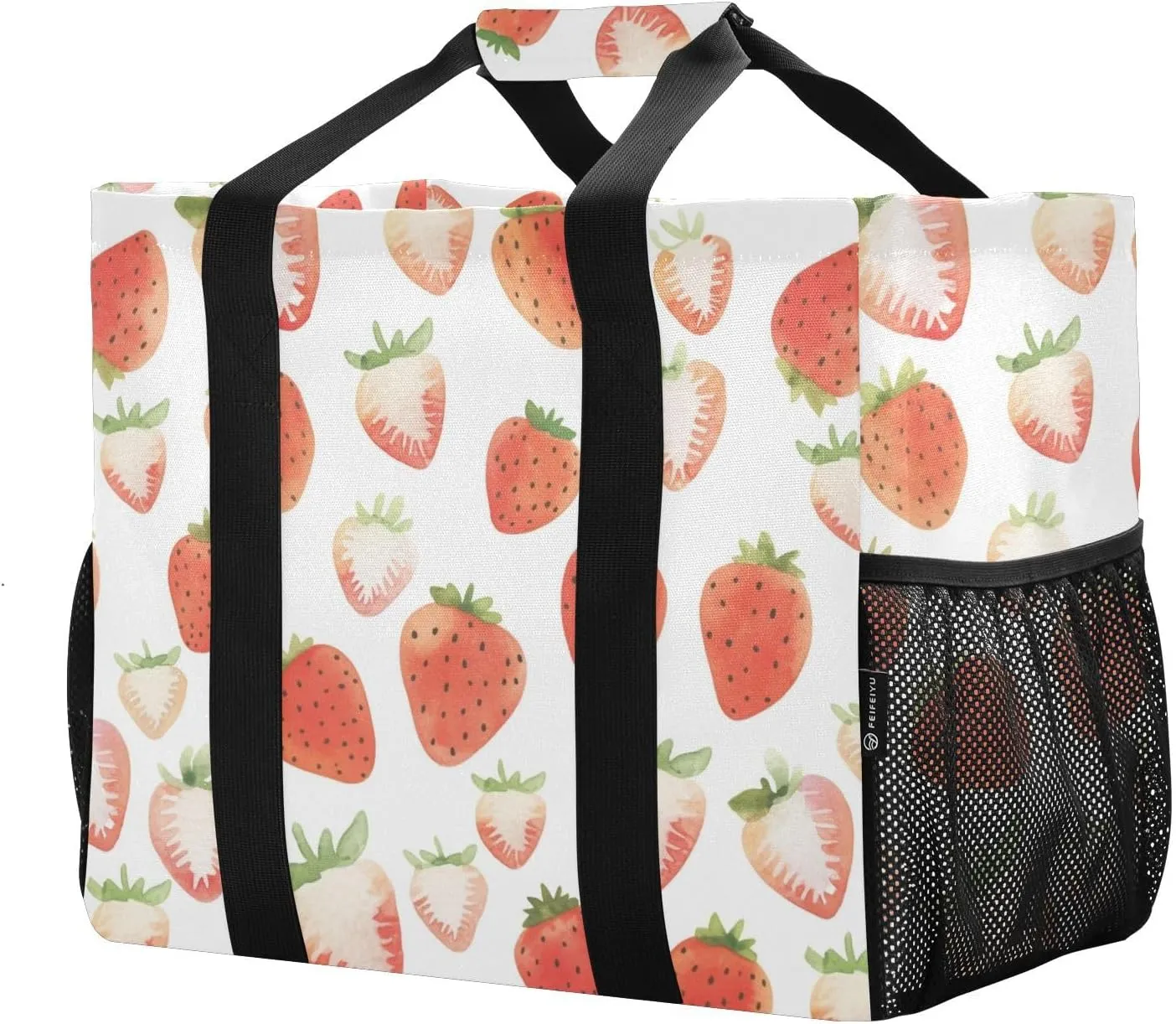 JUNZAN Cute Strawberries Utility Tote Foldable Beach Tote With Compartments Reusable Grocery Shopping Bags Canvas Travel Laundry Bag