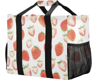 JUNZAN Cute Strawberries Utility Tote Foldable Beach Tote With Compartments Reusable Grocery Shopping Bags Canvas Travel Laundry Bag