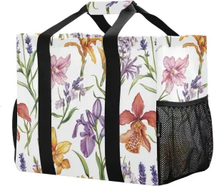 JUNZAN Cute Wildflower Large Utility Tote Bag Foldable Beach Bag With Pockets Shopping Bags Reusable Canvas Laundry Bag Travel