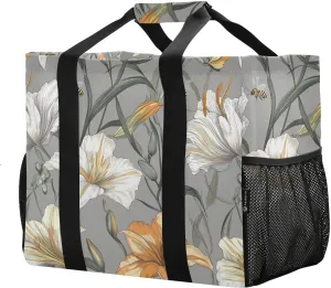 JUNZAN Daylily Grey Utility Tote Bags For Women Foldable Tote Bag For Beach Sandproof Shopping Bags Reusable with Handles Cars Tote Bag