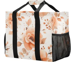 JUNZAN Elegant Beige Florals Utility Bag Foldable Beach Bags Sandproof Reusable Grocery Bag with Handles Carry Tote