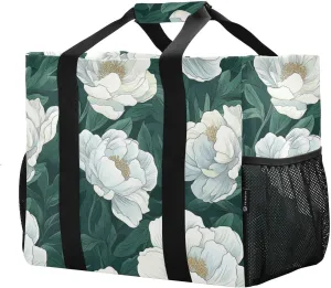 JUNZAN Elegant Peonies Utility Storage Bags Foldable Large Beach Bag Water Resistant Shopping Bags Reusable Canvas Carry Tote
