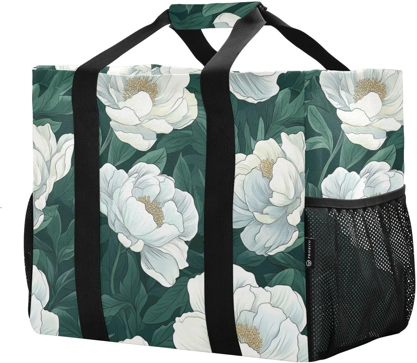 JUNZAN Elegant Peonies Utility Storage Bags Foldable Large Beach Bag Water Resistant Shopping Bags Reusable Canvas Carry Tote