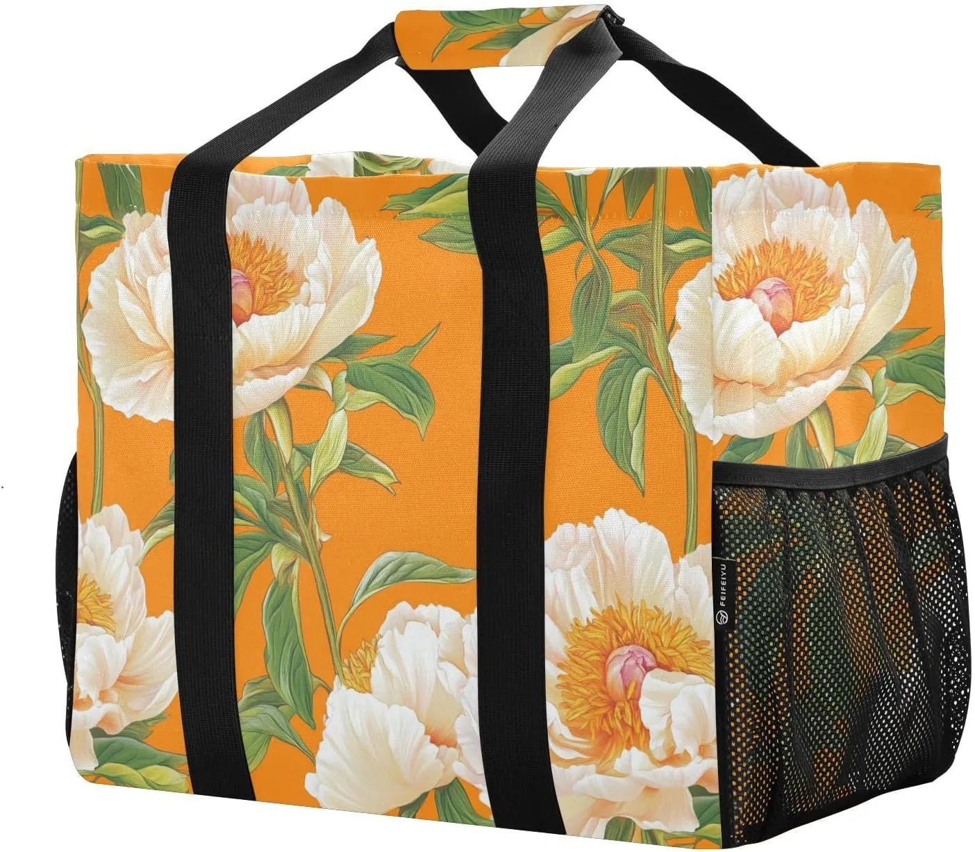 JUNZAN Elegant Peonies Utility Tote Bags For Women Foldable Beach Bag Tote Sandproof Groceries Reusable Bags with Handles Canvas Laundry Bag