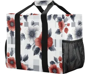 JUNZAN Floral with Plaid Large Utility Tote Bag For Women Foldable Beach Bag Water Resistant Reusable Shopping Bag with Handles Laundry Bag Travel